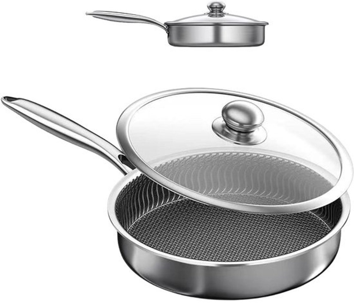 Koekenpan - Koekenpan met deksel - Veelzijdig Koken - Krasbestendige antiaanbaklaag - 28 cm - Roestvrij staal