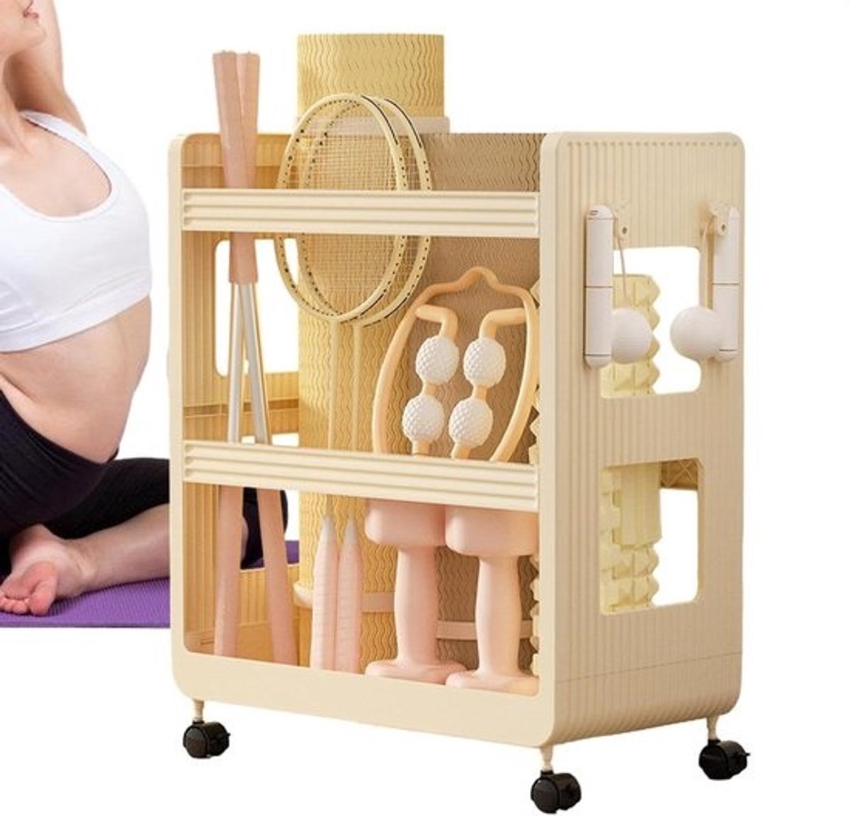 Yoga Opbergrek - Fitness Organizer - Sportuitrusting Opslaan - Verplaatsbaar met Wielen - 54 x 285 x 126 cm - Zwart