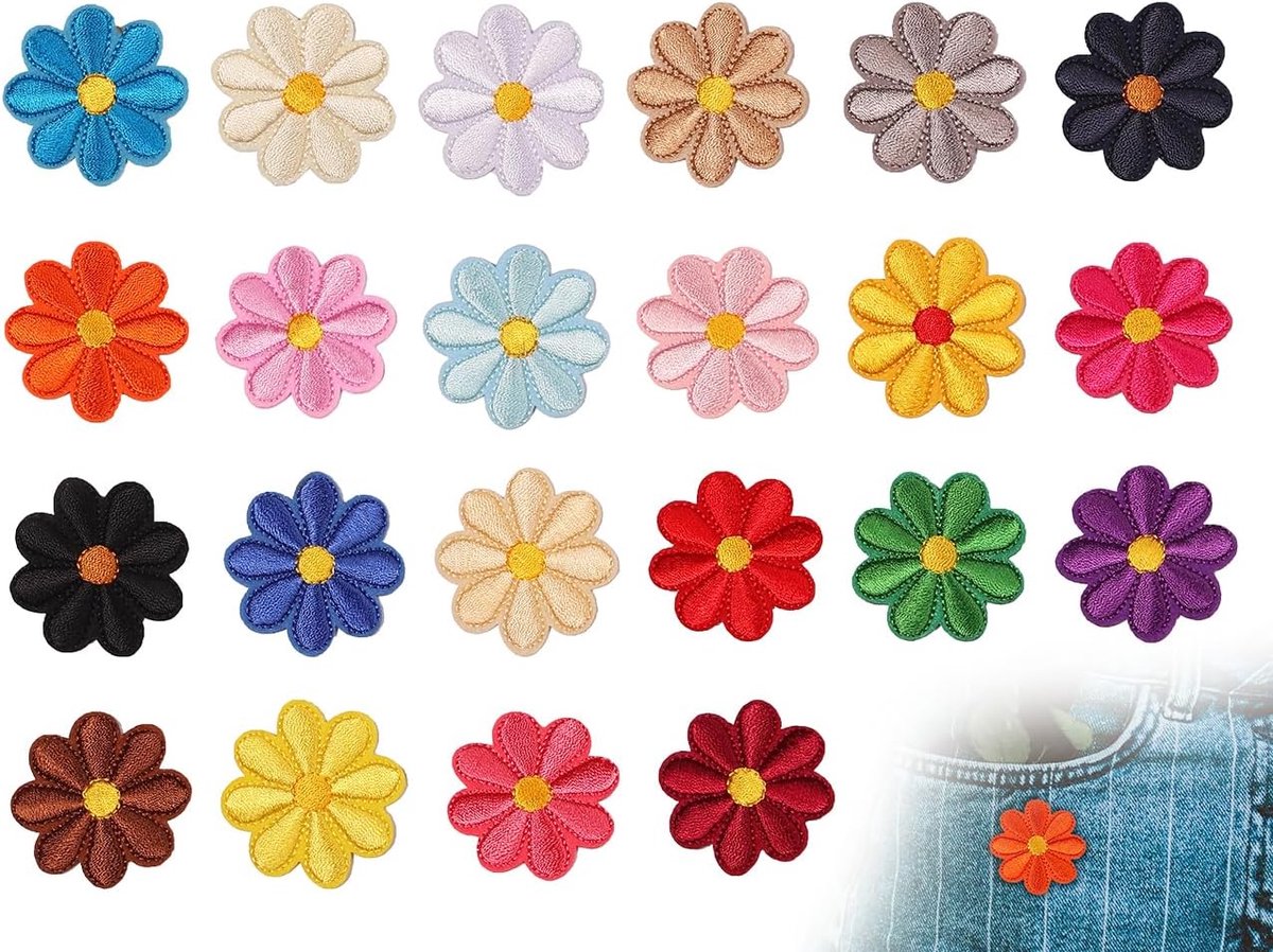 Dailygoods- Opstrijkpatches 22 Stuks - Kleurrijke Madeliefjespatches - Doe-het-zelf Decoratie - Klittenband - Hoogwaardig Polyestervezel - Trendy Moti