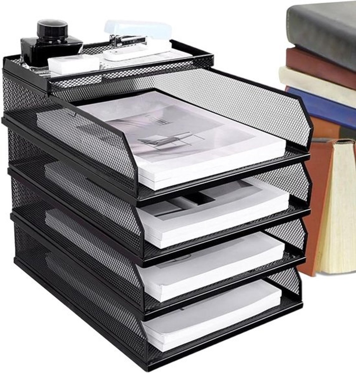 Bureau Organizer - Papier Sorteerder - Documenten Sorteren - Stevige Metalen Constructie - Vier Lagen - Zwart