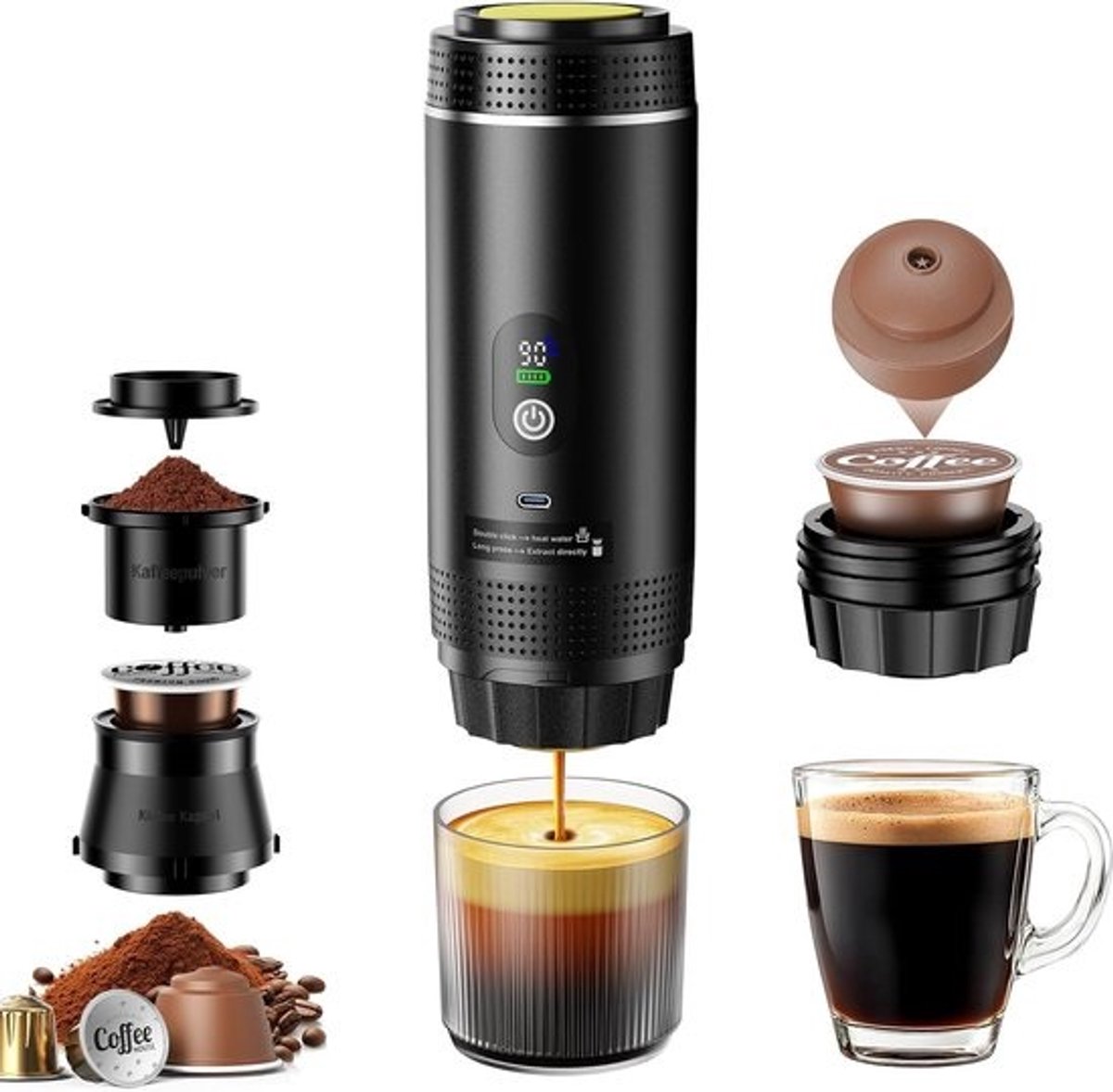 Mini Koffiezetapparaat - Draagbare Espresso - Koffie Maken - Accu Aangedreven - 80 ml Watertank - Zwart
