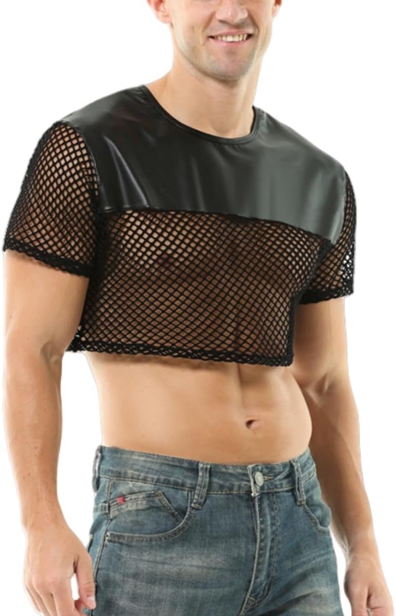 Crop top voor heren, sexy kunstlederen visnet, ronde hals, kort vest voor party, clubwear, korte mouwen, mesh, muscle, tighttop, clubwear, slim fit, danshemd, vesten voor nachtclub, muziek