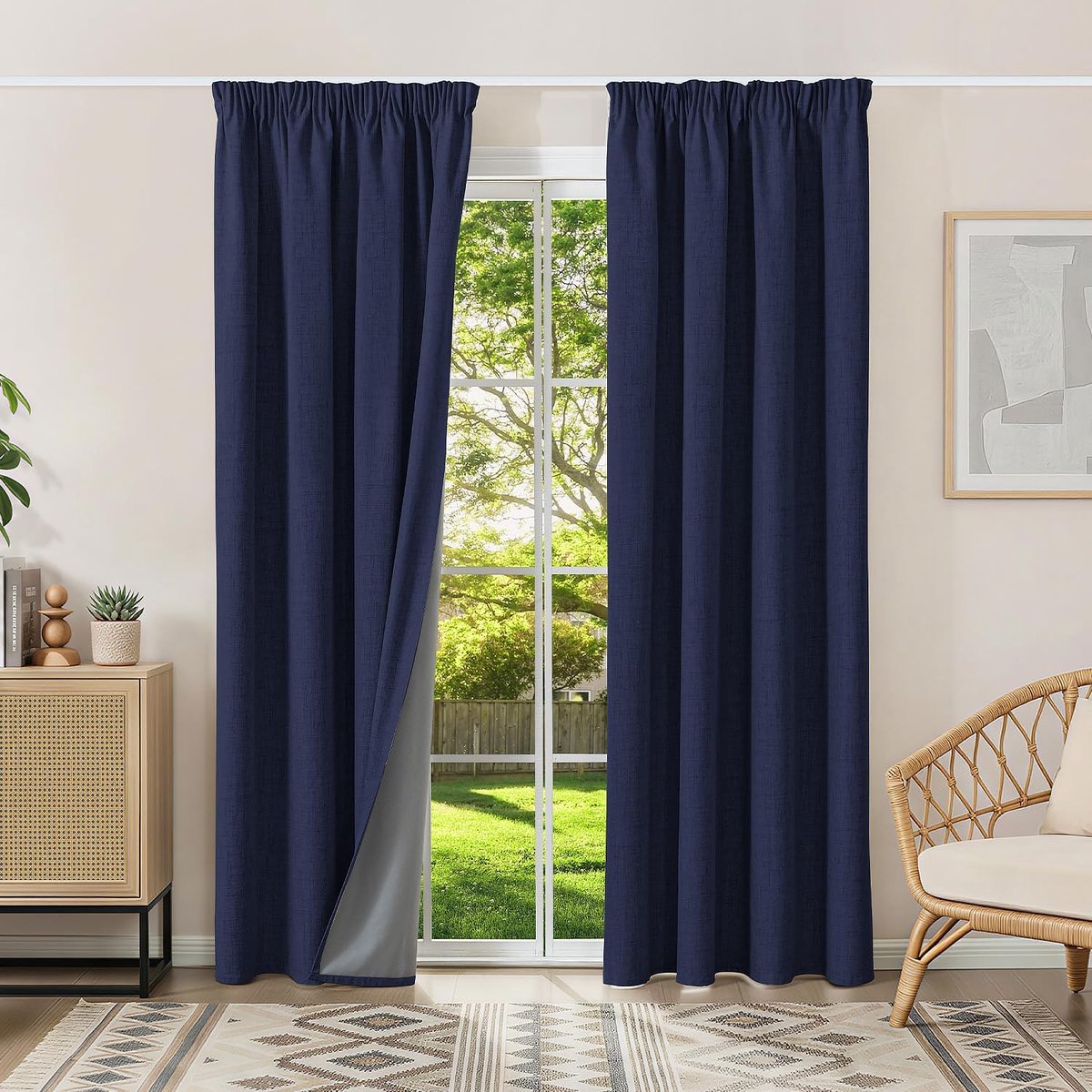 100% verduisteringsgordijnen thermogordijnen koudebescherming gordijnen met plooiband 200 x 140 cm (HxB) set van 2, linnenlook gordijnen ondoorzichtig jeansblauw, schuifgordijnen