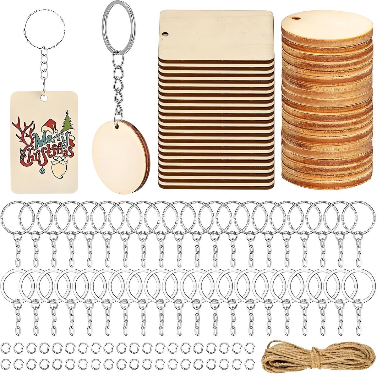 40 stuks natuurlijke houten sleutelhangers, houten schijven, 5 cm, onafgewerkte ronde en vierkante houten plaatjes met gat voor knutselen, hangende decoratie, kerstversiering