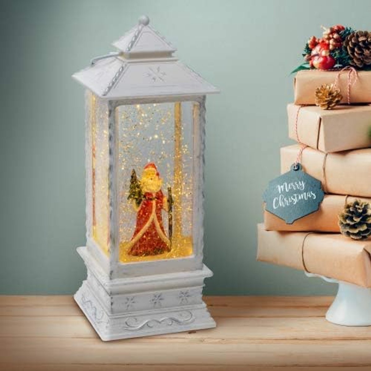 Lantaarn Kerstman wit antiek H27 cm glitter LED wit GL-LTS W105-275
