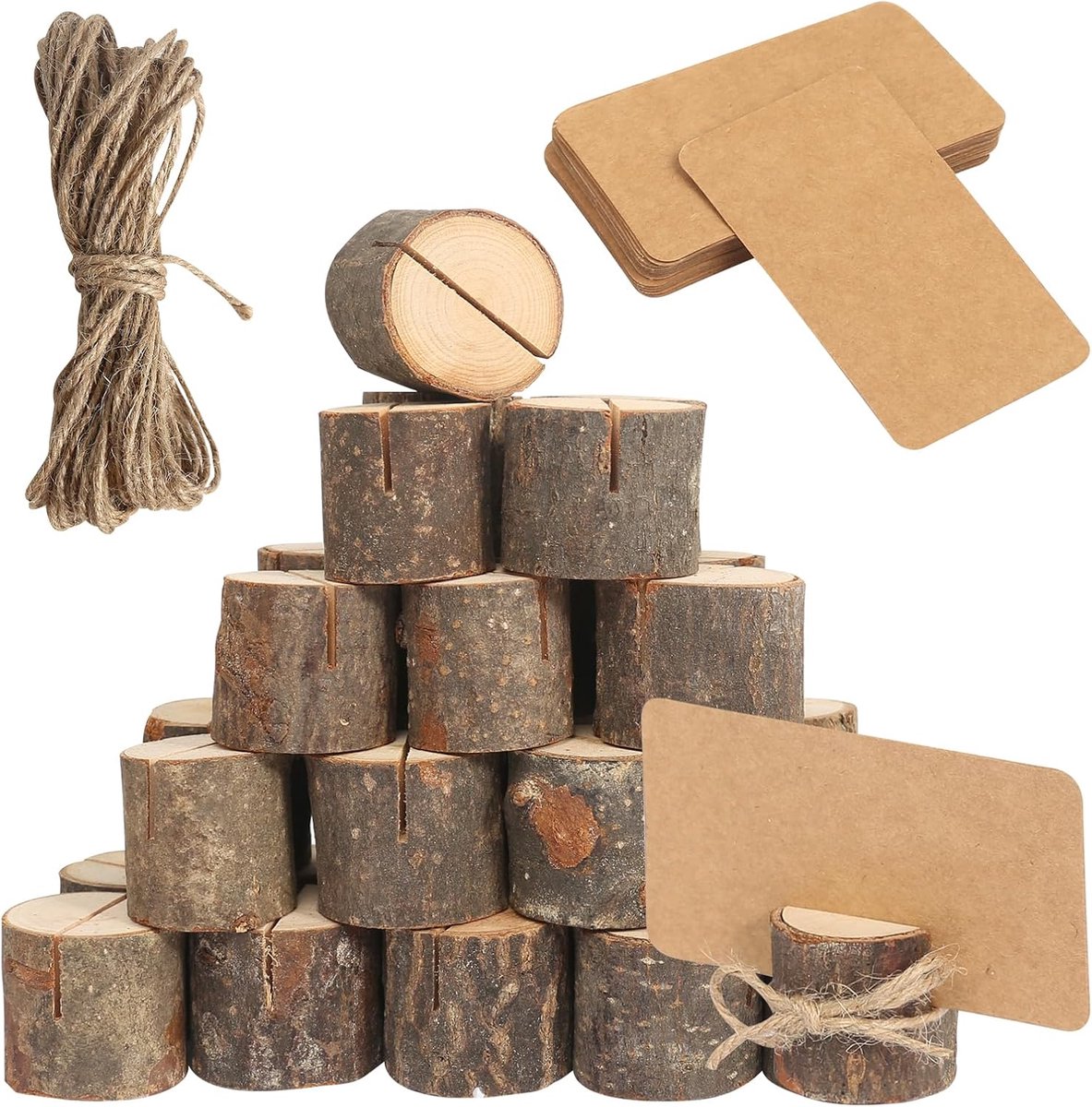 30 stuks houten tafelkaarthouders, kaartenstandaard met 30 kaarten van kraftpapier en 10 m jute touw, fotohouder voor bruiloften, restaurants, banketten
