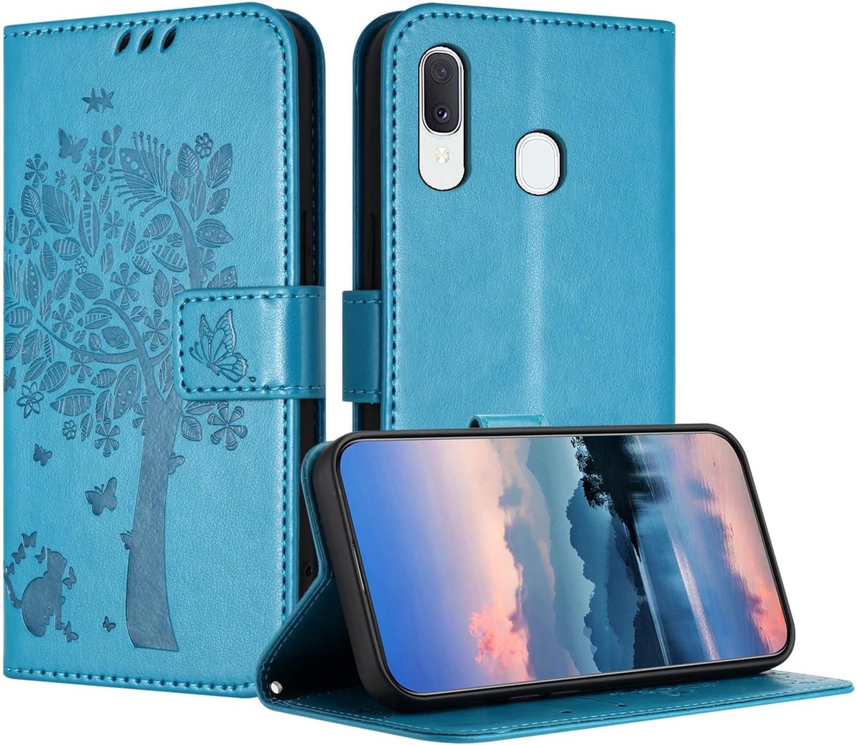 Hoes voor Samsung Galaxy A20/A30/M10S, PU-leren portemonneehoes met reliëf met kaartenvak en magneetsluiting standfunctie hoesje compatibel met Samsung A20 - Blauw