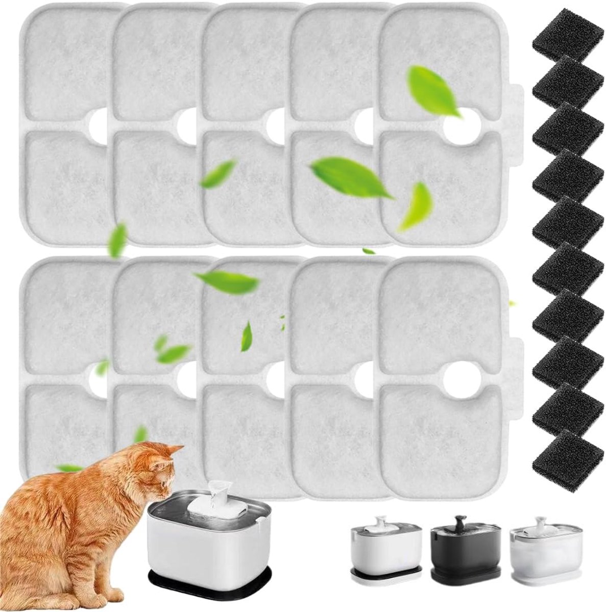 10 stuks kattenfonteinfilters voor kattenfontein, compatibel met dockstream PLWF005, PLWF115, PLWF105, multi-filtratie, 10 reservefilters + 10 sponzen