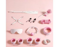 Kit beperkingen speelgoed sex bondage kat oren buttplug staart tepelklemmen blinddoek handboeien kraag peddel anale buttplug seksspeeltjes voor stel (wit en roze)