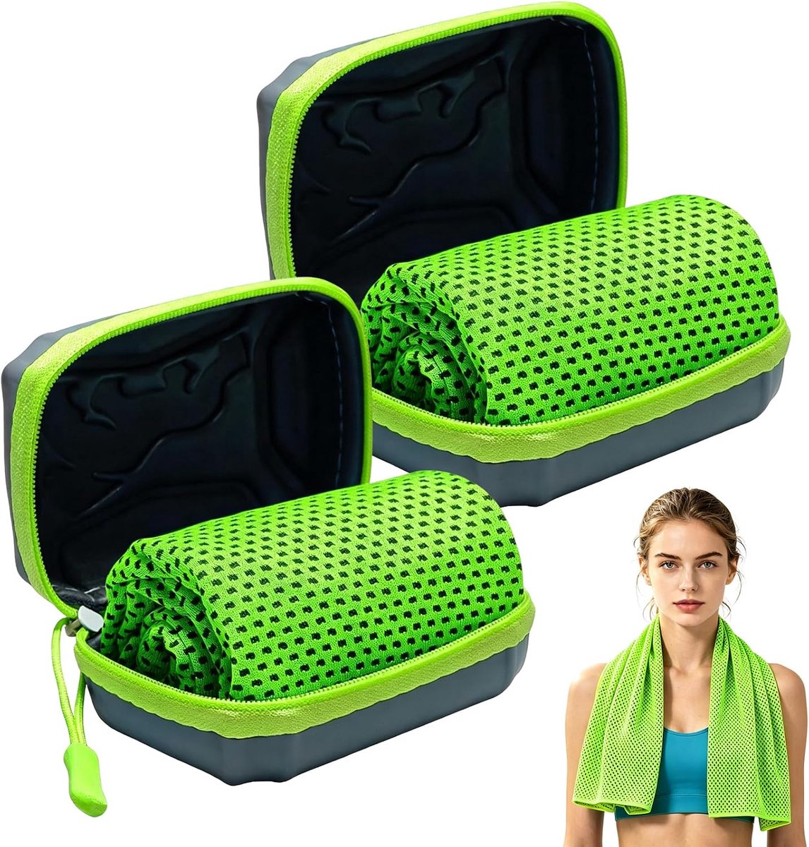 2 stuks koeldoeken met opbergdoos, 80 x 30 cm, sneldrogende koelhanddoek, ademende nekkoelhanddoek voor sport, yoga, golf, hardlopen, kamperen, tuinieren, zomer (groen)