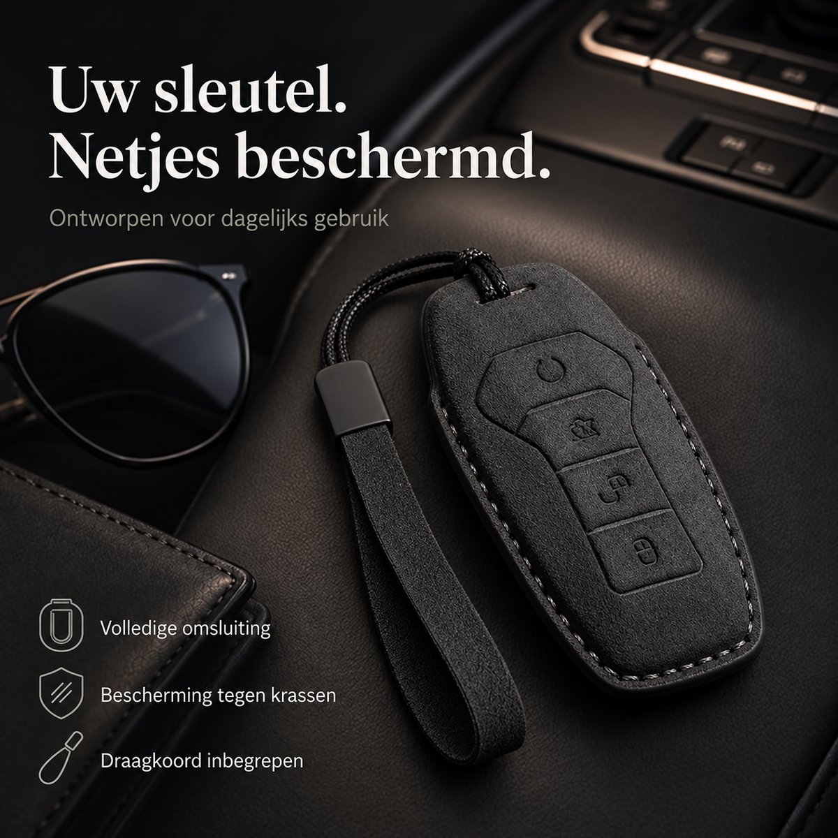 Zirkle BYD Build Your Dreams Autosleutel Hoesje Type A Zwart met Draagkoord – Luxe Premium Sleutelhoes met Lusje – Beschermhoes voor BYD Autosleutel – Compacte Key Case – Krasbestendige Sleutel Cover – Stijlvolle Auto Accessoire voor Dames en Heren