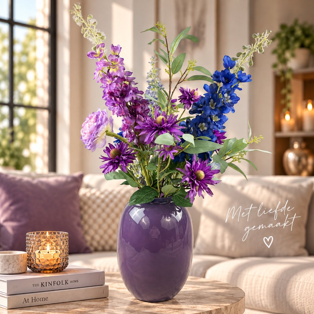 Bloemboetiek Velvet Bloom – Kunstbloemen – Bloemen – Zijden bloemen boeket – Luxe kunstbloemen plukboeket – Paars, lila, blauw en groen – 65 cm – 10 stelen – Vaas niet inbegrepen — cadeau in Wonen & Interieur - foto 4