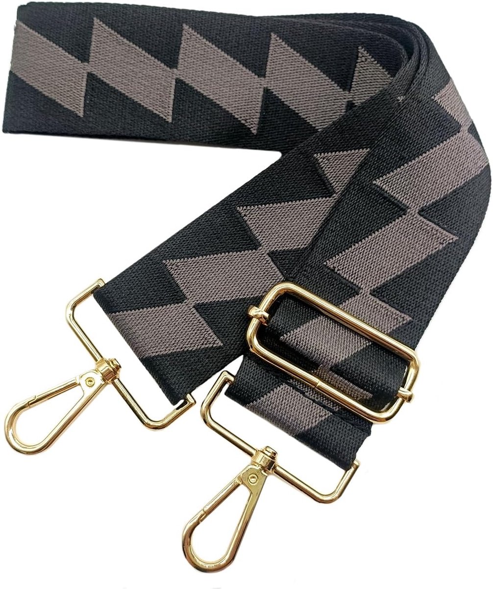 5 cm schouderriem voor tas, brede riem, schoudertas, vervangbaar, schouderriem, verstelbaar, met goudkleurige gesp, voor dames, doe-het-zelf, schouderriem, accessoires (zwart/grijs) 02