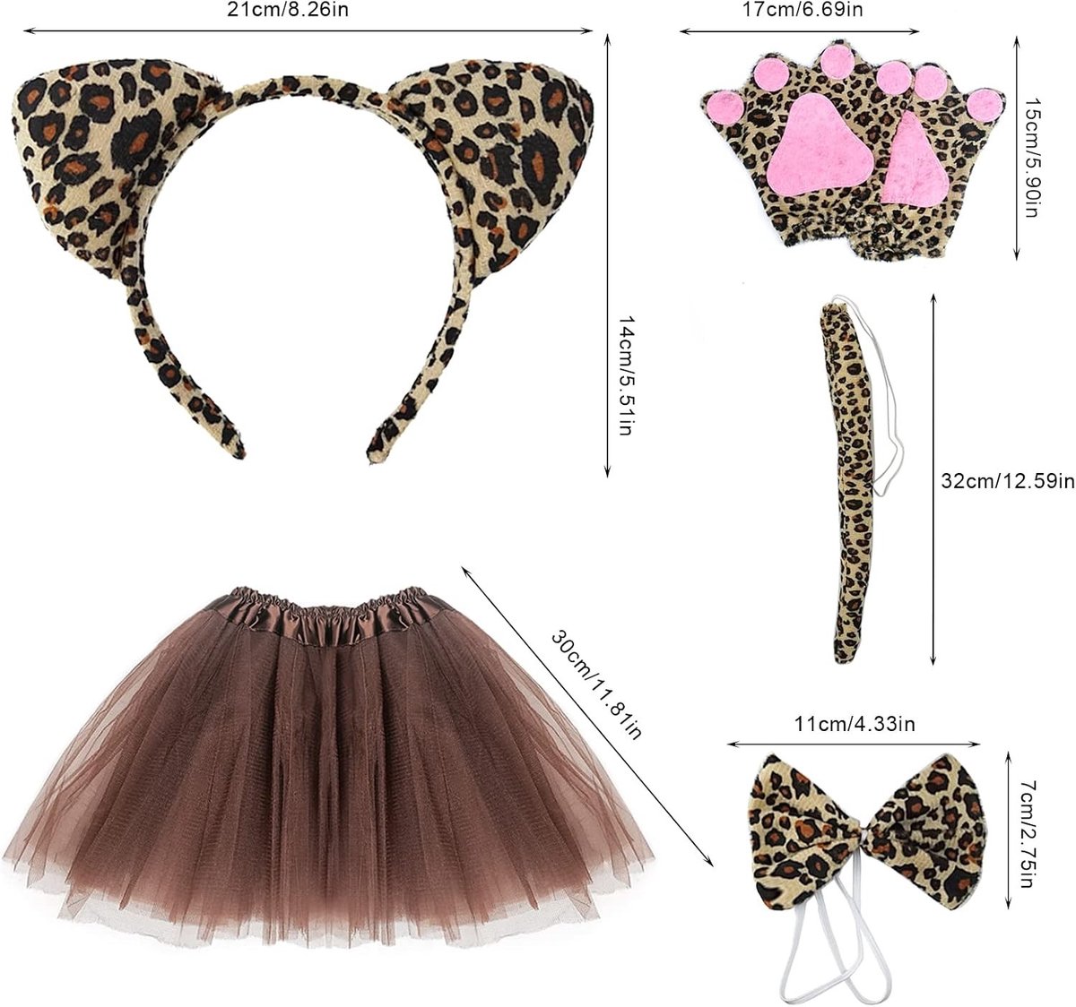 Leopard Kostuum Set voor Dieren Cosplay met Haarband, Staart, Strik, Handschoenen en Rok voor Feestjes en Verkleedpartijen voor Jongens en Meisjes