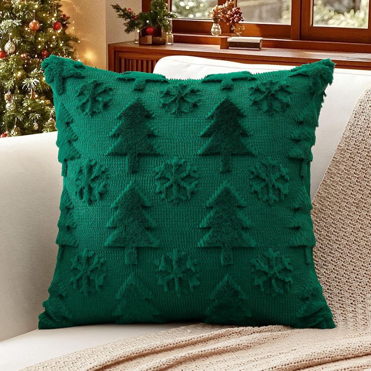 Kerst Velvet Kussenhoes 50 x 50 cm, Decoratief Kussen voor Bank en Slaapkamer, Groene Sneeuw- en Boomprint, Zacht en Comfortabel