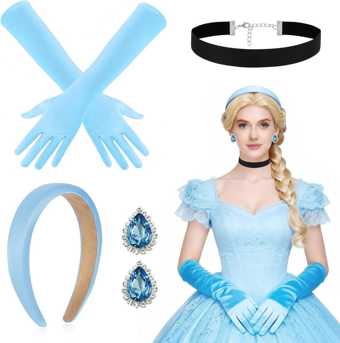 Dames en meisjes prinsessen kostuum met kroon, blauwe handschoenen, zwarte choker en sieraden set voor Halloween