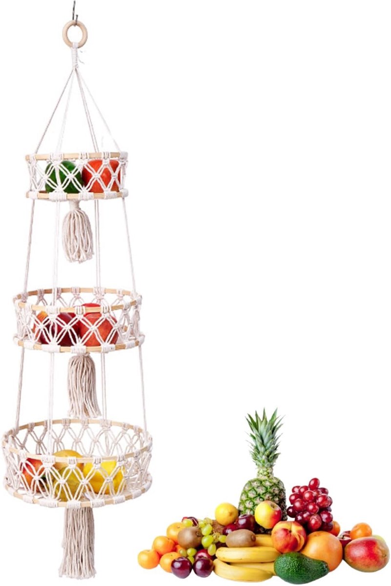 Drie-laagse Hangende Fruitmand, Bohemian Wandmand voor Fruit, Geweven Manden met Katoenen Touw, Ideaal voor Keukenopslag en Decoratie