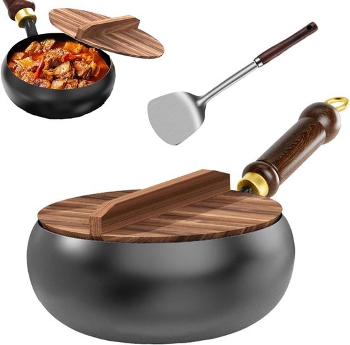 Japanse IJzeren Wok - Gietijzeren Koekenpan - Roerbakken Groenten - Handgesmeed En Duurzaam - 24cm Diameter - Zwart