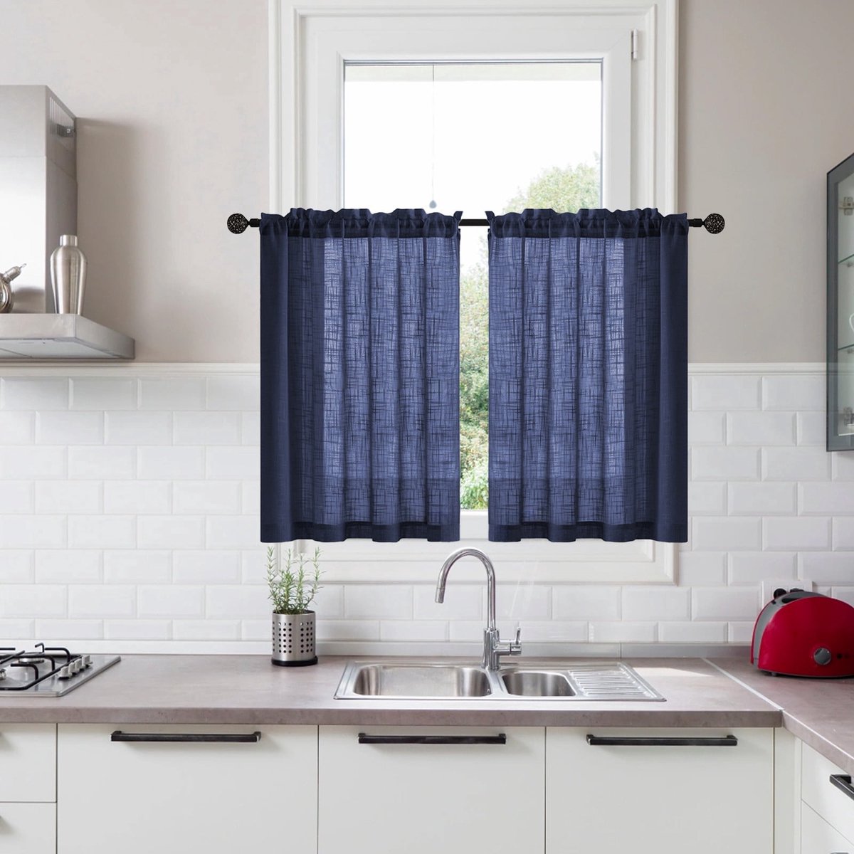 Ulisem Korte Vintage Half Transparante Keukengordijnen - Raamdecoratie Set - Lichtdoorlatend - Voor Keuken Badkamer Slaapkamer - Blauw Polyester 2 Stuks