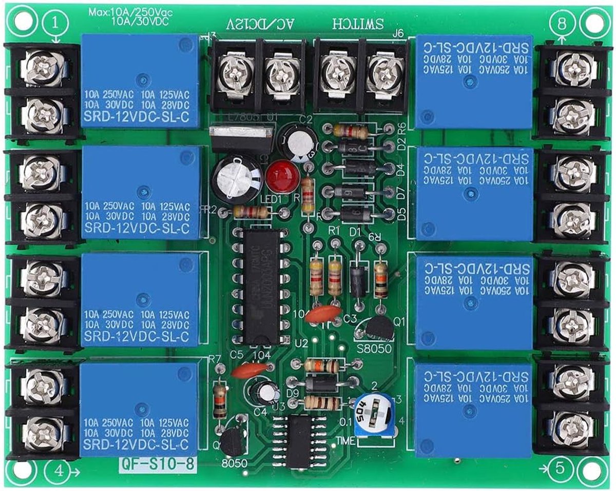 Dailygoods - Power Time Sequence Board 8-kanaals QF-S10-8 - Instelbare Vertraging voor Veilig Starten