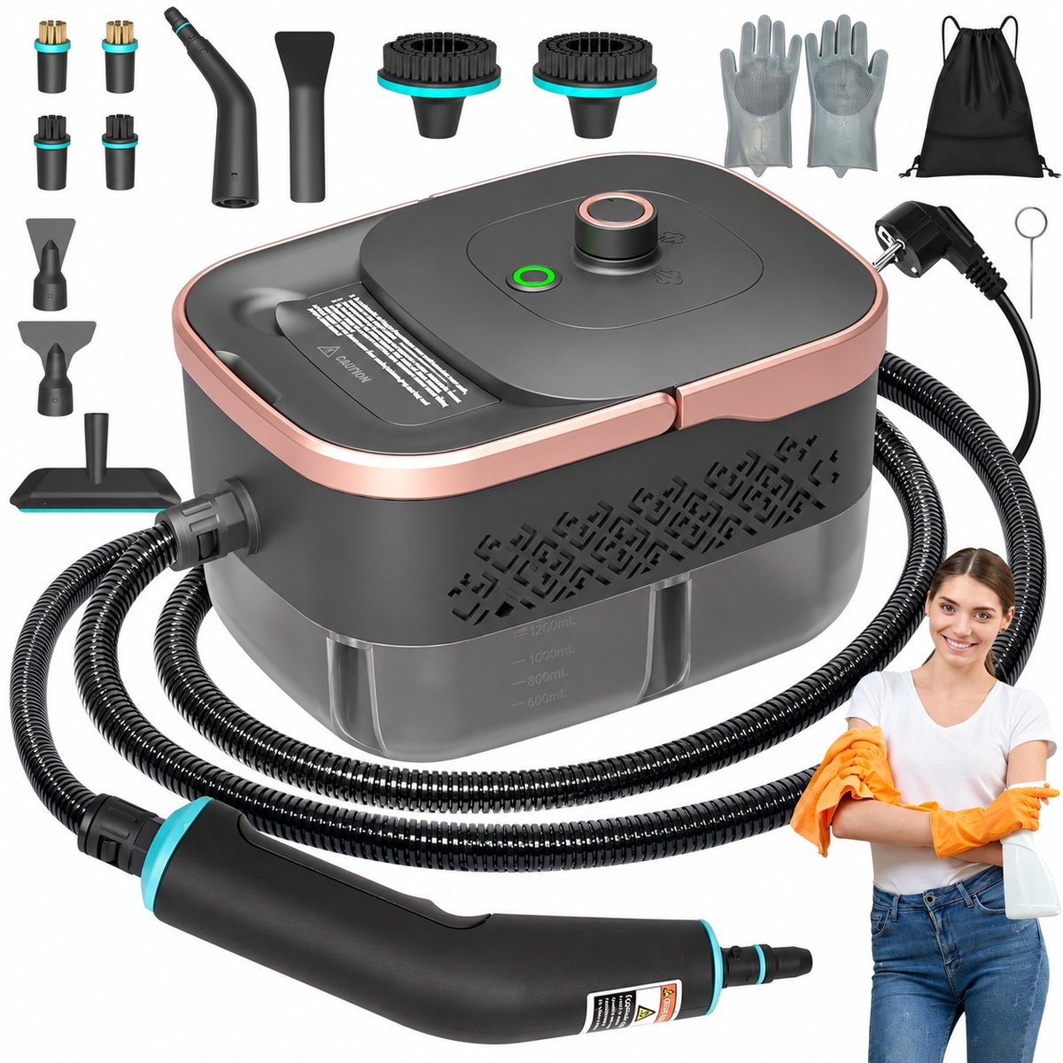Stoomreiniger - Handstoomreiniger - Hogedruk Stoomreiniger - 2500W - 15s Warm - 105°C - 4 Bar - Instelbare Stoom - 1250ml Transparante Tank - Chemischvrij - Vet & Kalk & Voegen - Voor Keuken & Badkamer & Auto-interieur