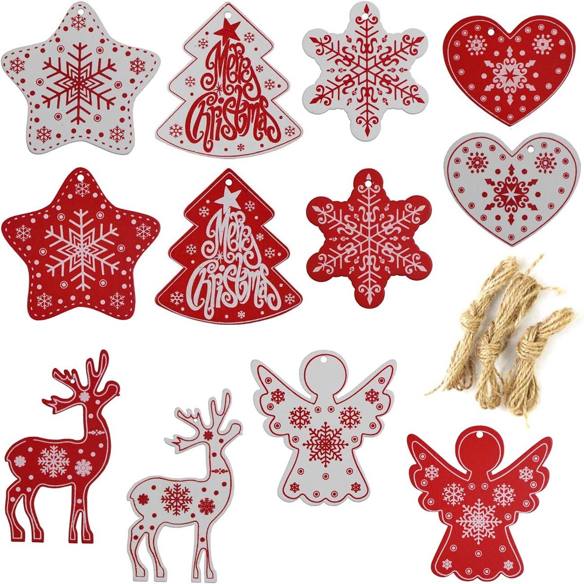 Dailygoods- Kerstboomversiering 12 Stuks - Houten Decoratie - Dennensieraad met Jute Koord - DIY Knutselen - 6,5-8 cm Grootte - Rood/Wit - Kerstdecora