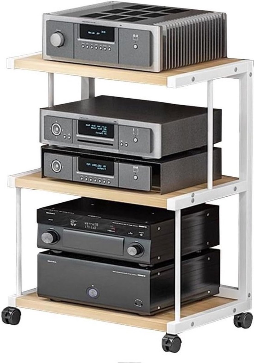 Audiorek Toren - Media Opslag - Apparatuur Organiseren - Met Wielen - 3 Lagen - Wit