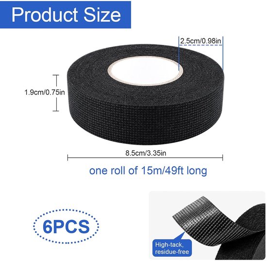 6 Stuks Auto Weefband 19mm x 15m, Kleefband voor Kabelbomen - Zelfklevend viltband, hoge flexibiliteit, voor kabelbomen van auto's, motoren en elektrische voertuigen. — afbeelding 2
