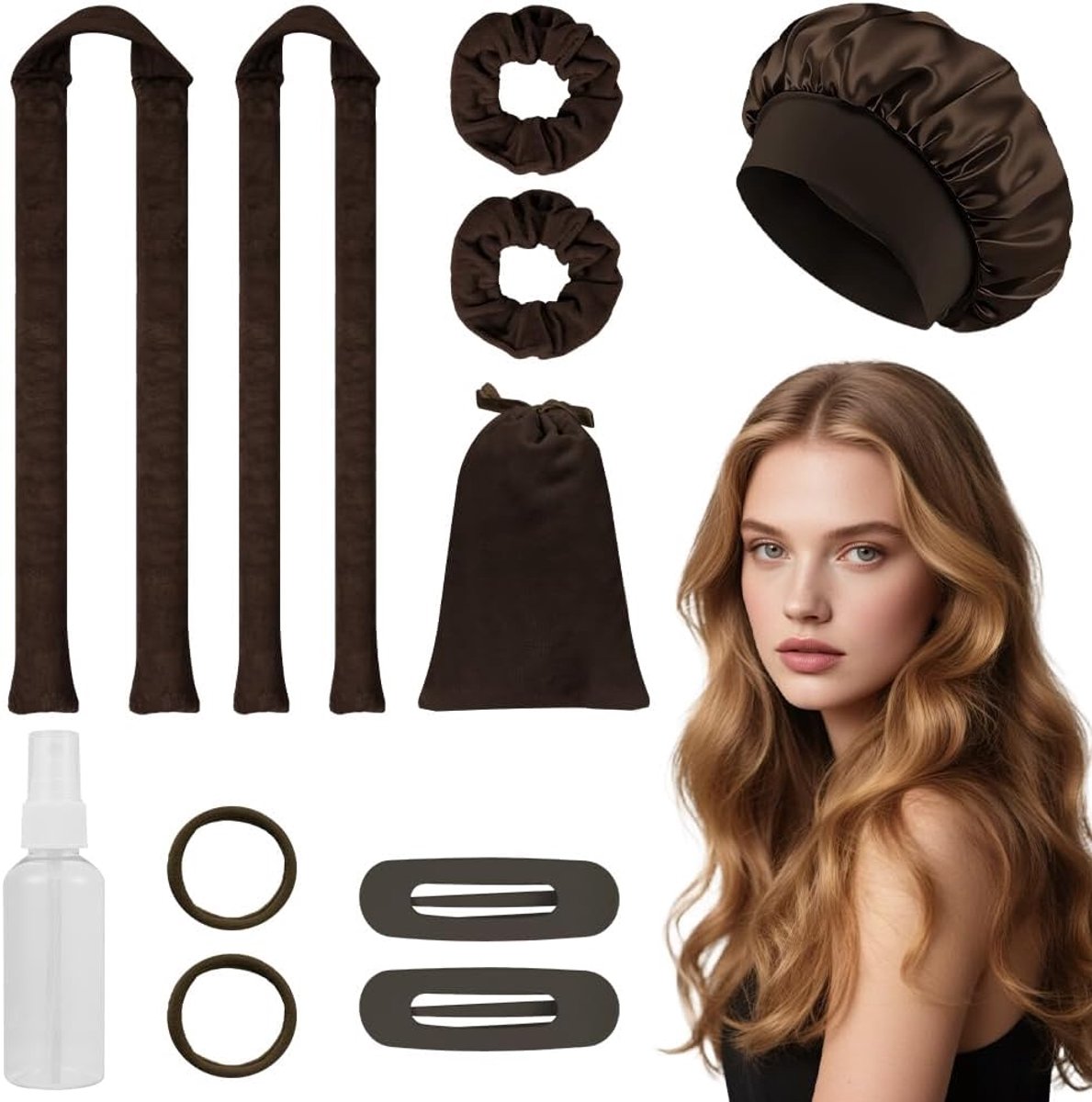 Krulspelden, krullen zonder hitte, 2 maten Heatless Curls, fluwelen krulspelden 's nachts met slaapmuts, scrunchies, haarclips, voor middellange lengte (koffiebruin)