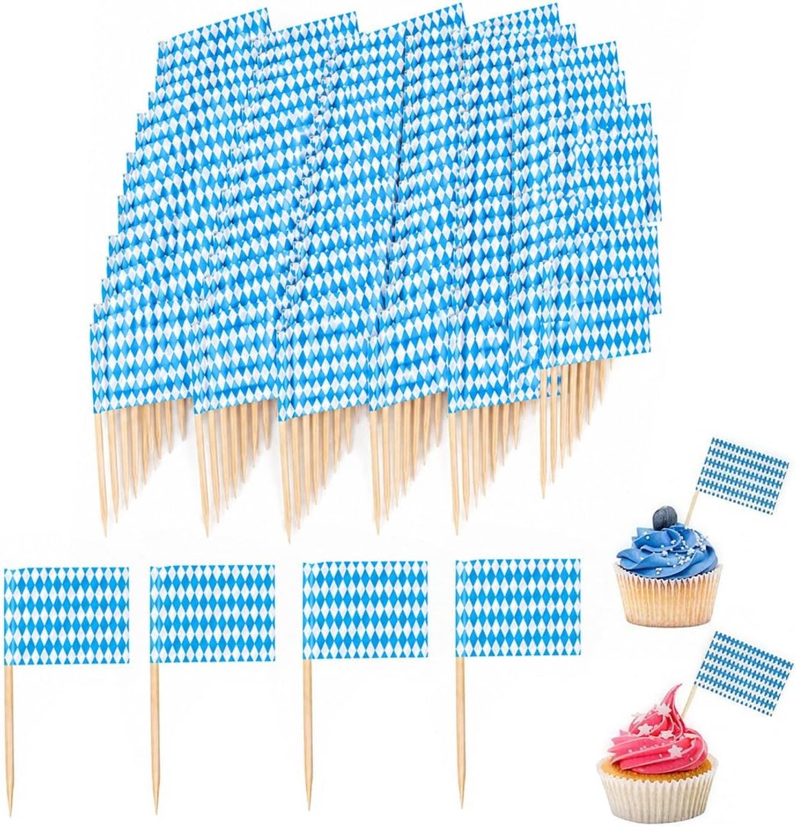 100 stuks Beierse Oktoberfest tandenstokers vlaggen, spiesen vingerfood voor decoratie, sandwich-cupcake-toppers, feestbenodigdheden, blauw-wit