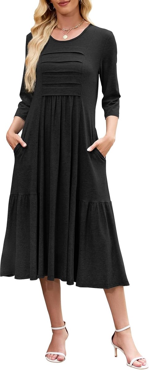 Jurken voor dames, 3/4 mouwen, partyjurk, midi-jurk, ronde hals, T-shirtjurk, solide reisjurk, elegante holidy jurk met zakken voor feest, bruiloft