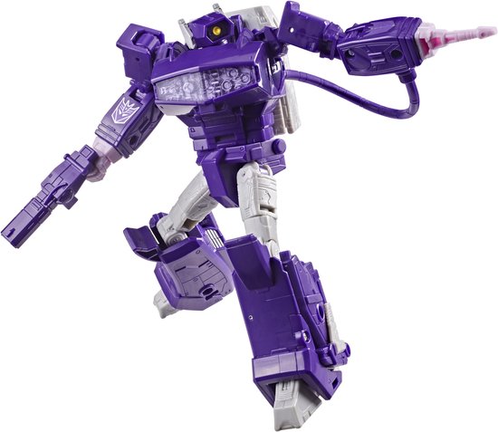Paars-grijze Shockwave robotfiguur in actiehouding met een blaster en gedetailleerde borstplaat.
