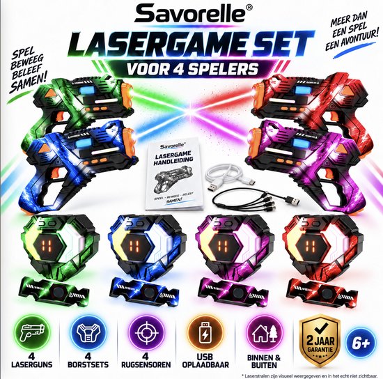 Savorelle laserguns in groen, blauw, paars en rood, met bijpassende borst- en rugsensoren en handleiding.