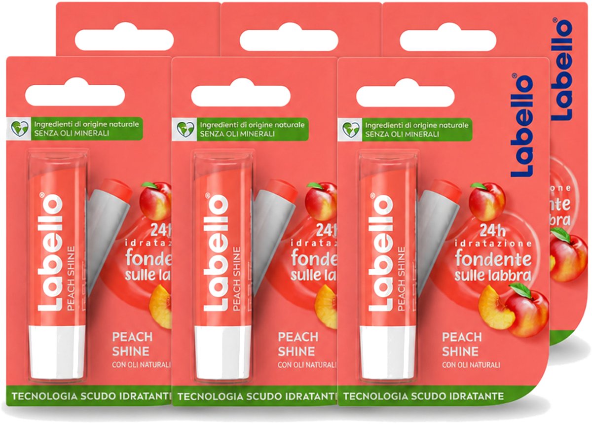 6 x Labello – Lippenbalsem – Fruity Peach Shine – Vegan - Voordeelverpakking - 6 stuks