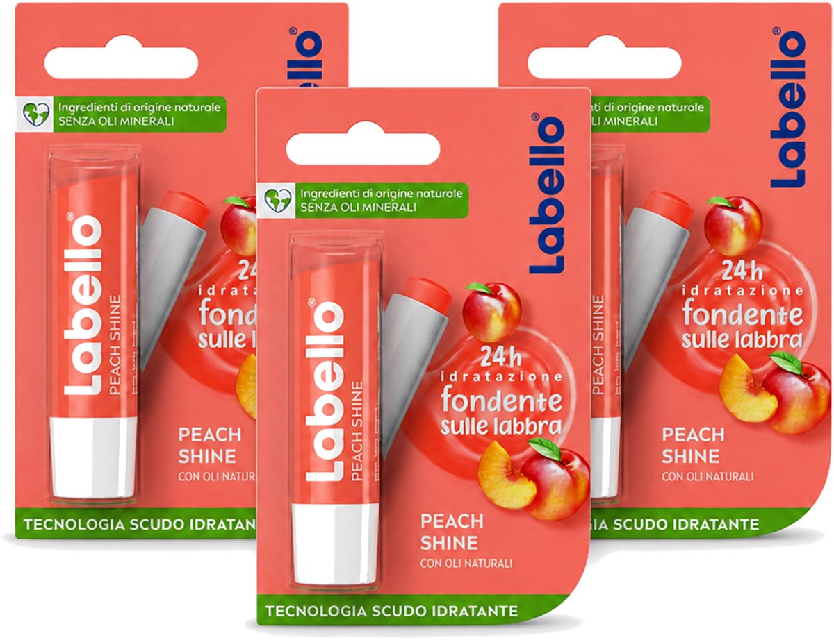 3 x Labello – Lippenbalsem – Fruity Peach Shine – Vegan - Voordeelverpakking - 3 stuks