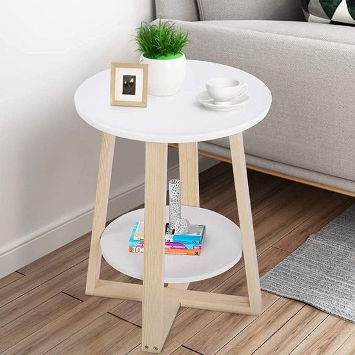 Bijzettafel rond - Nachtkastje tafel - Opbergen en decoreren - Twee niveaus - 40 x 40 x 505 cm - Wit