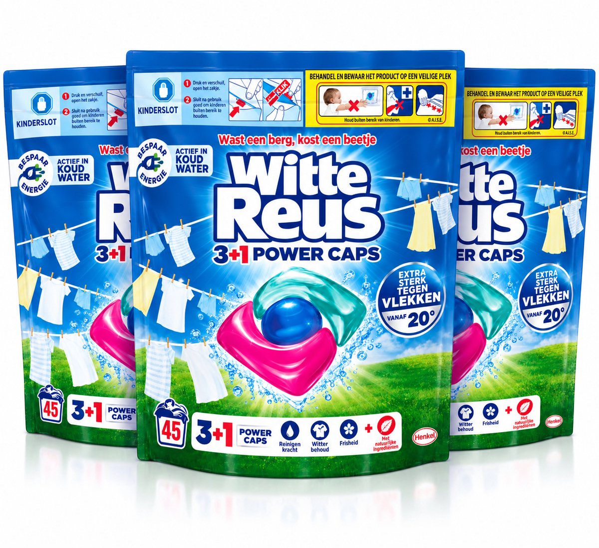 3 x Witte Reus - Wasmiddel - 3+1 Power Caps - Witte Was - 45Wb (x 3 - 135Wb) - Lichtgekleurd Wasgoed - Vlekkenverwijderaar