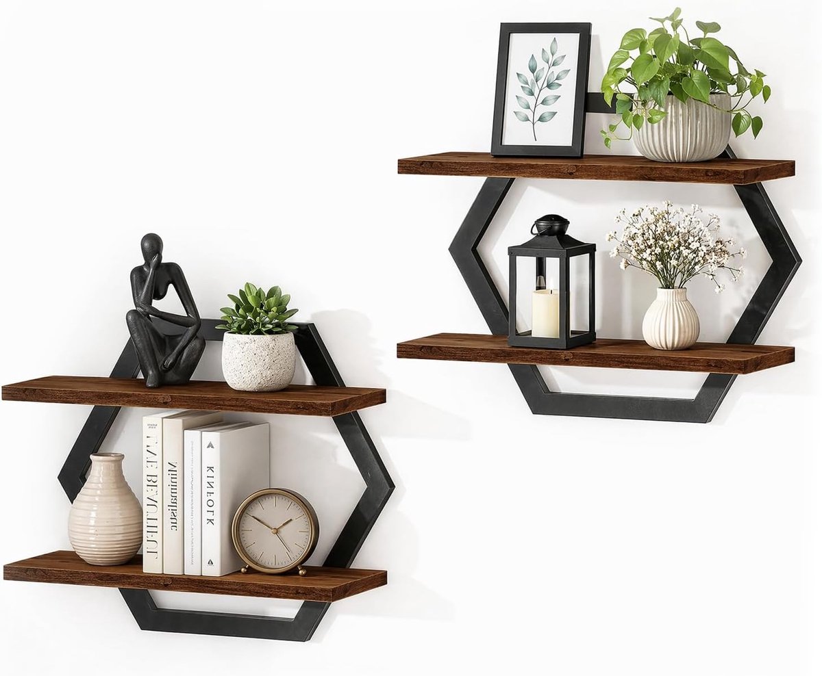 Set van 2 wandplanken, ruitvormig zwevend rek met 2 niveaus, hangplanken van hout en metaal, rustieke zwevende planken voor woonkamer, slaapkamer, keuken, badkamer en kantoor (zeshoekig)