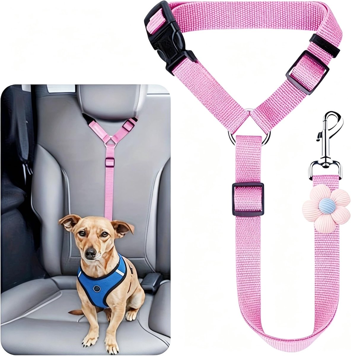 auto, veiligheidsgordel voor honden en katten, hondengesp voor auto, verstelbare veiligheidsgordel van nylon voor kleine tot grote honden, met bloemendecoratie (roze)