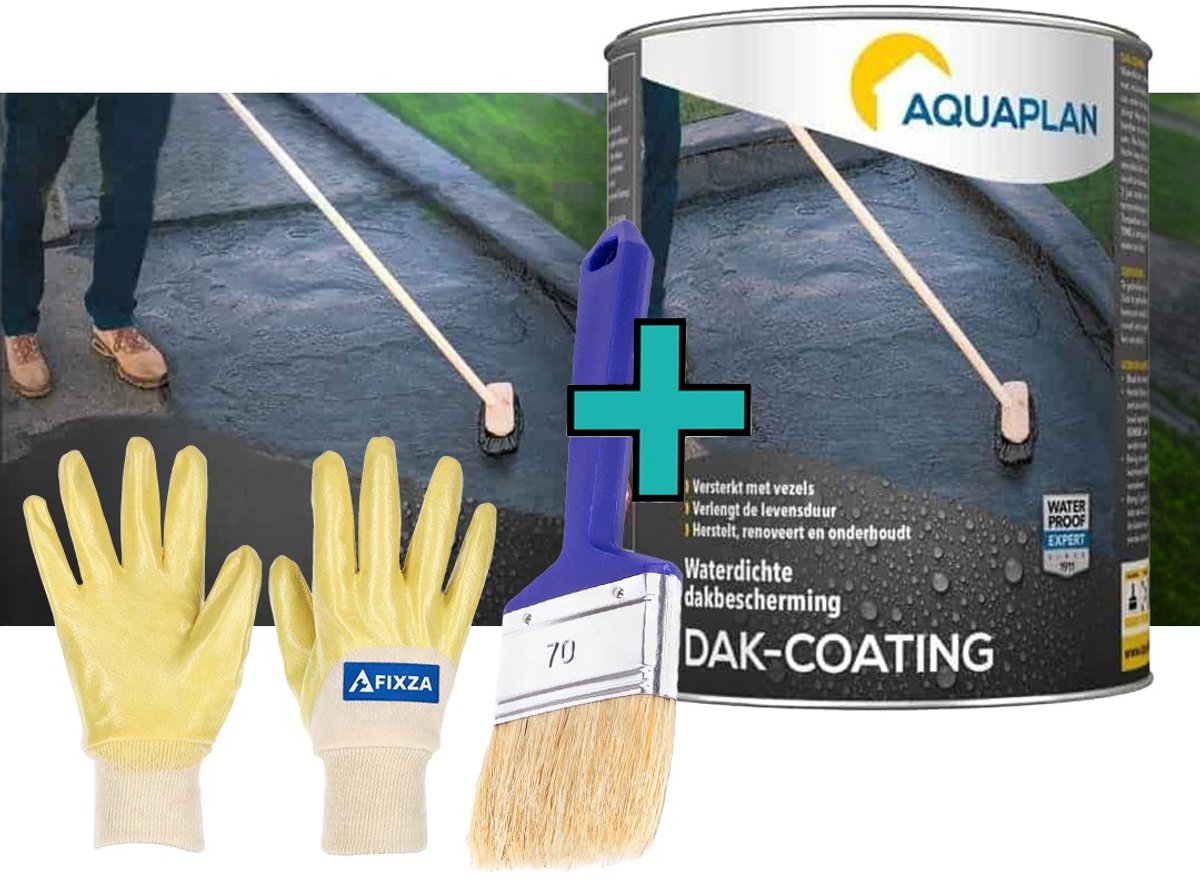 AQUAPLAN Dak-Coating – set – Bitumen Dakcoating voor Waterdichte Dakreparatie en Dakonderhoud – Versterkt met Vezels – 2 kg