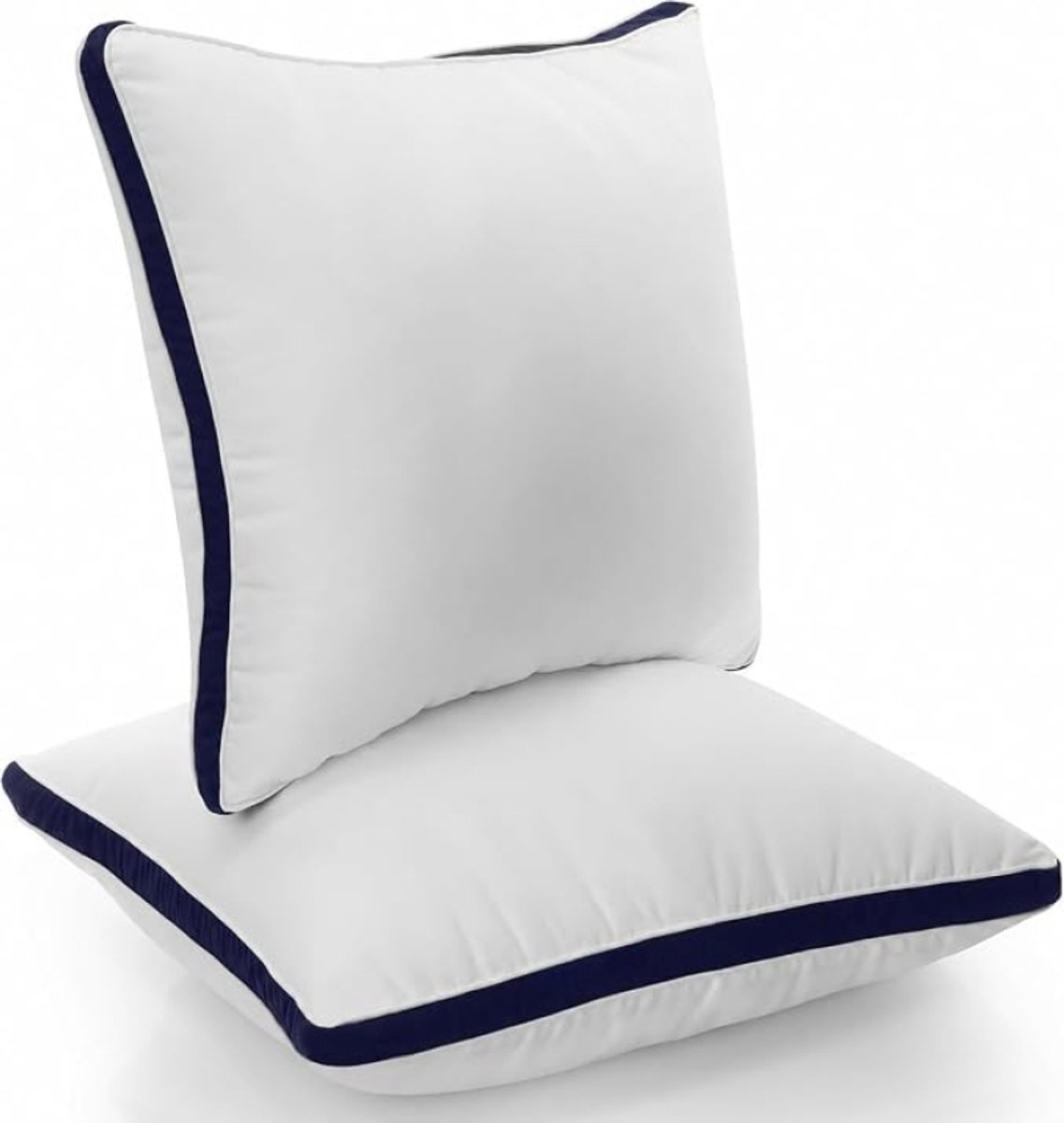 Kussens 80x80 cm – Set van 2 – Wit met marineblauwe piping – Met vulling – Pluizige steunkussens voor hoofd, nek en schouders