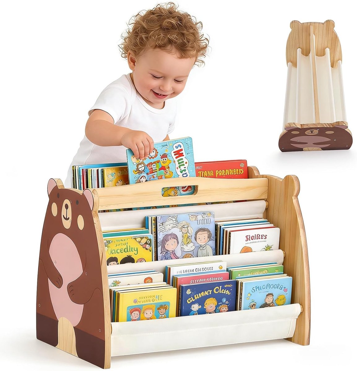 Boekenrek voor kinderen, Montessori boekenstandaard voor kinderen van hout met 4 planken, kinderrek voor boekenopslag, babykamer, speelkamer, klaslokaal of slaapkamer, boekenkast, opbergorganizer (2)