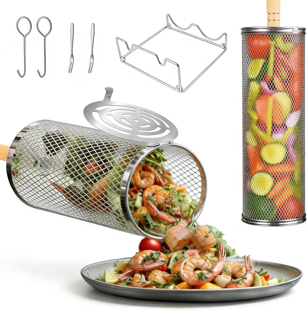 2-delige rolgrillmanden, nieuwe upgrade, met houten handvat, roestvrij staal, draagbare barbecue-accessoires voor buiten kamperen, groenten, garnalen (2 stuks)