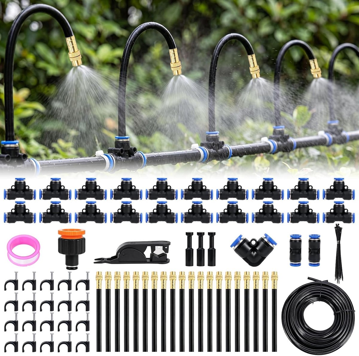 irrigatiesysteem, druppel- en nevel, 20 m, 20 sproeiers, 360°, irrigatie, nevel, koeling, voor tuin, terras, kas, gazon en planten