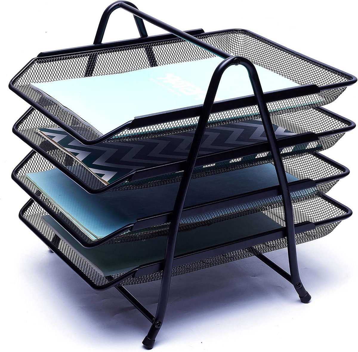 Brievenbakken 4 lagen, vrijstaande papiersorteerder - bureauorganizer - ordnerhouder - metalen vijlenrek van gaas - voor kantoor, school, thuis, studeerkamer (4 x zwart)
