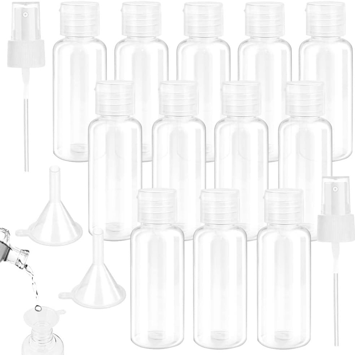 Set van 12 reisflessen, 30 ml, plastic flessen, transparant, lege cosmetica, reiscontainer, mini-luchtflessen, PET-reisflessen, douchegel, cosmetische flessen met 2 kleine trechters en 2