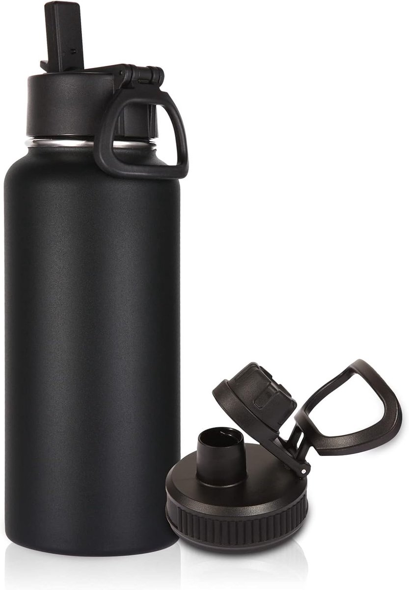 1 Liter Geïsoleerde Waterfles Met Rietdeksel en Tuitdeksel, Roestvrij Staal Sportfles, Dubbele Wand Vacuüm Thermosfles, Lekvrije Metalen Fles Met Brede Mond Voor Wandelen, Kamperen