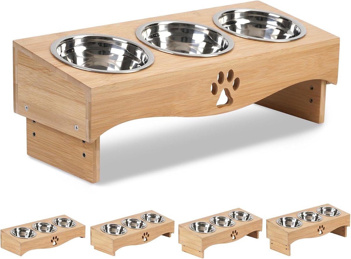 Set van 3, in hoogte verstelbaar, voederstation voor katten en kleine honden, roestvrij staal en houten modern design, 15° ergonomische voerbak