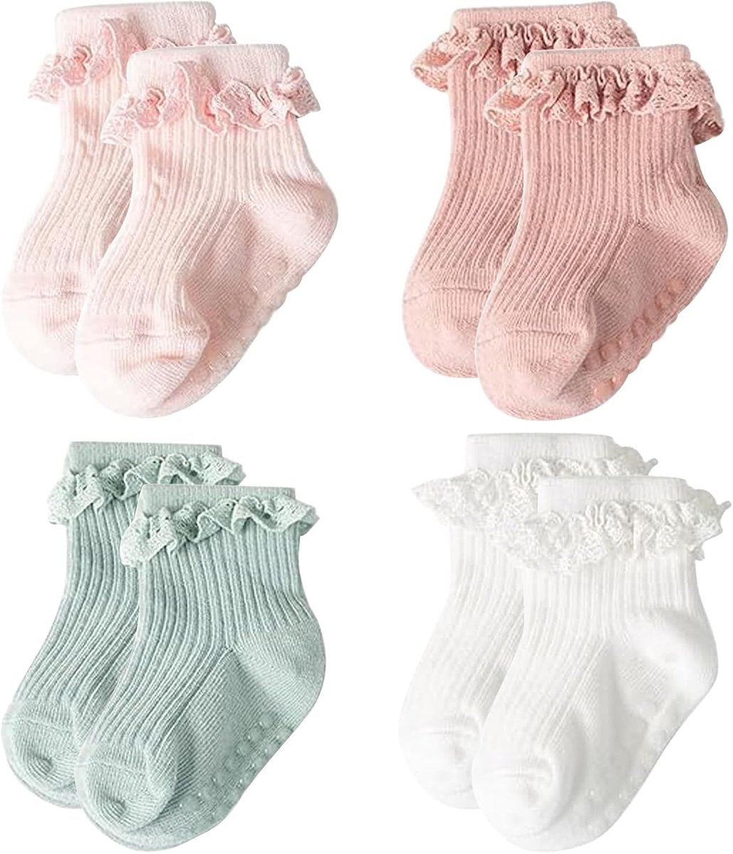 4 paar baby sokken met ruches en kant, baby enkelsokken met ruches en kant, comfortabel en ademend baby sokjes voor pasgeborenen, jurk, doop