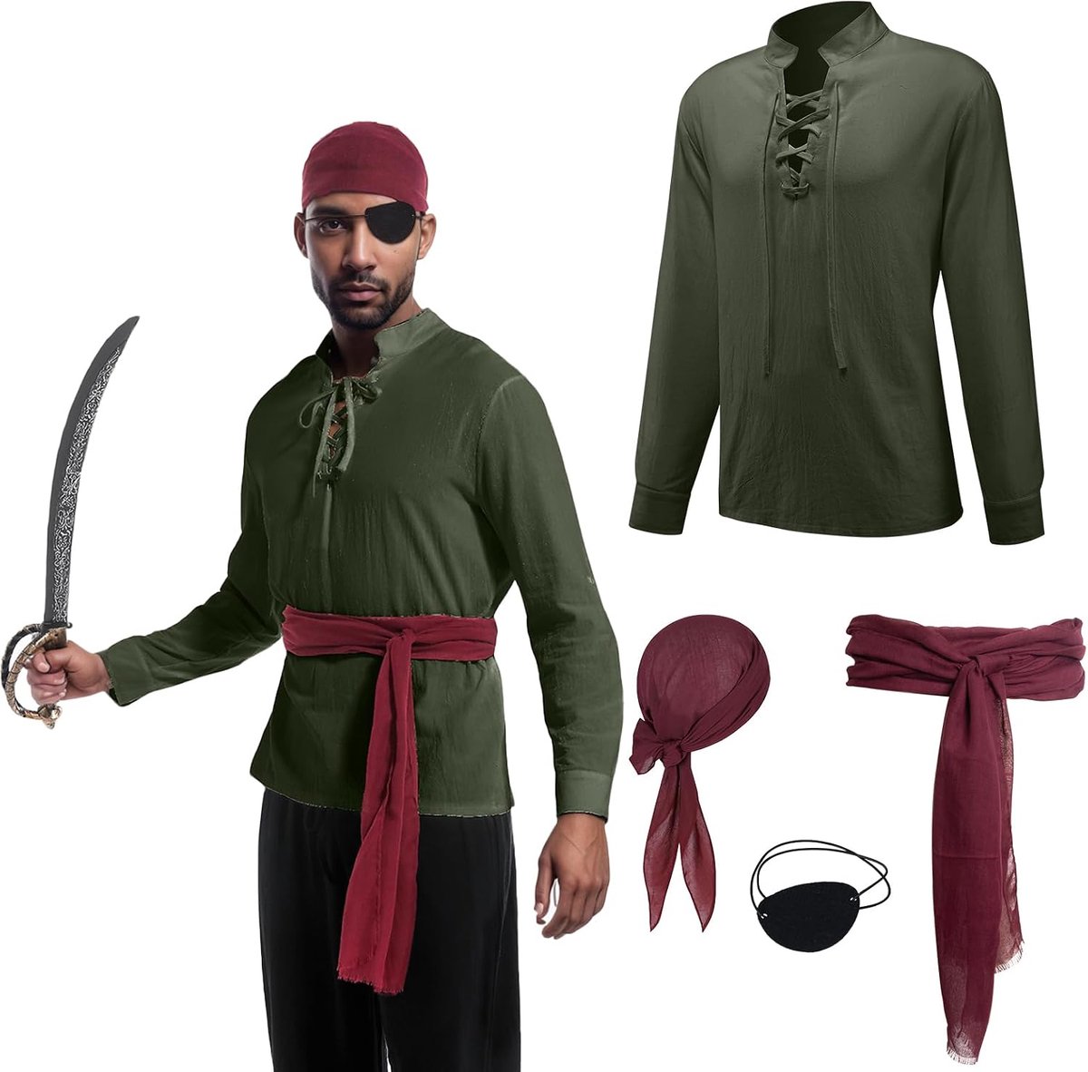 4-delig piratenkostuum voor volwassenen en heren, middeleeuws shirt met piraataccessoires voor Halloween, carnaval, feest